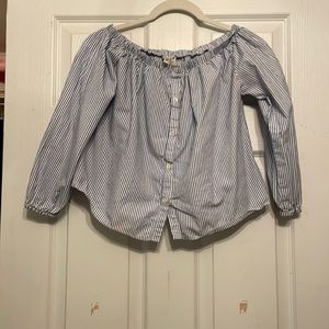blue and white stripped off-the-shoulder top